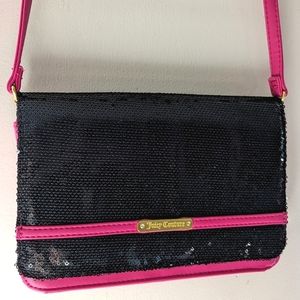 Juicy Couture Small Purse Black Sequin Pink Logo Charm Shoulder Bag Long Strap